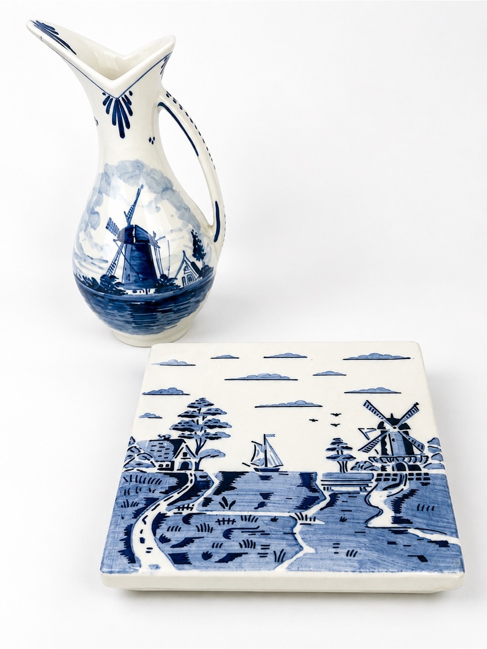 Delft 1950’s Vintage Blue Holland Windmill Tile Trivet/Pitcher Set Hand Painted